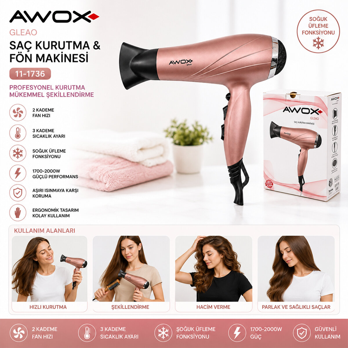 AWOX GLEAO ( ROSE-GOLD ) SAÇ KURUTMA & FÖN MAKİNESİ ( SOĞUK ÜFLEME ) (2 KADEME FAN & 3 KADEME SICAKLIK) (1700-2000W)*12