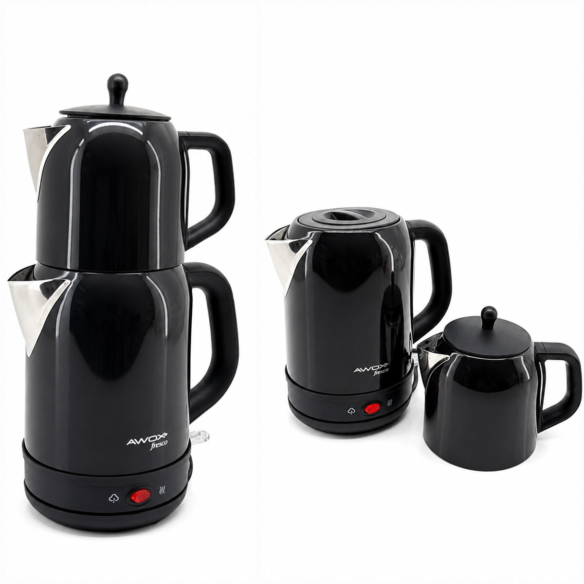 AWOX FRESCO ( SİYAH ) ( 2İN1= ÇAYCI & KETTLE ) ( ÇELİK ) ELEKTRİKLİ ÇAY MAKİNASI ( 1.7LT & 1.2LT ) ( ÇAY SÜZGEÇLİ ) ( 360° DÖNEBİLİR ) ( 2200W )*4