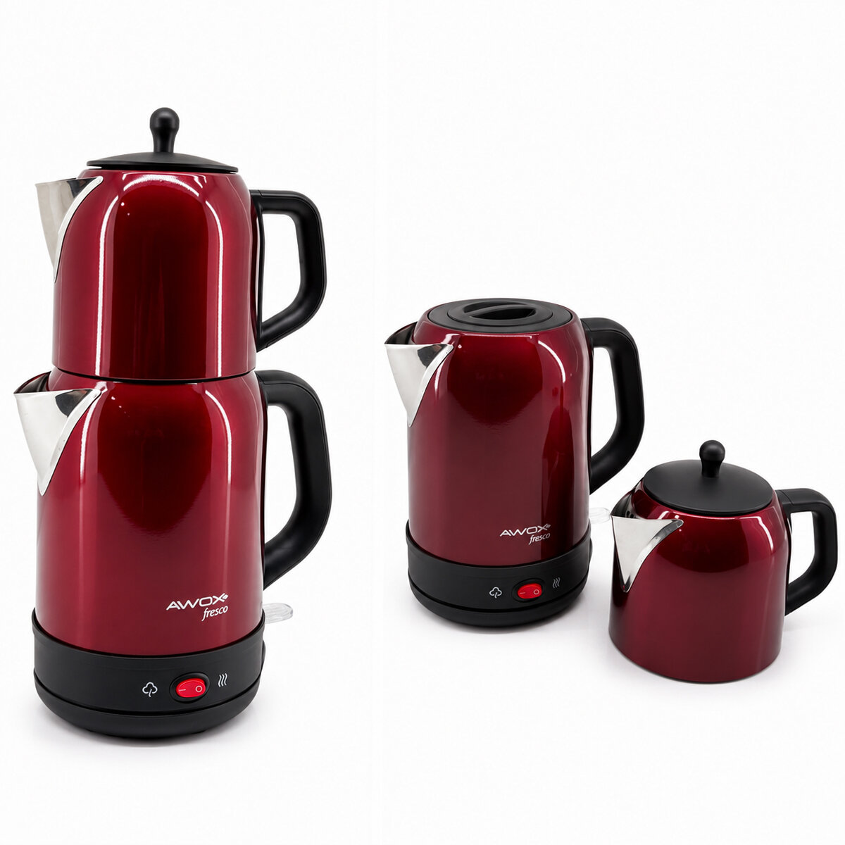 AWOX FRESCO ( KIRMIZI ) ( 2İN1= ÇAYCI & KETTLE ) ( ÇELİK ) ELEKTRİKLİ ÇAY MAKİNASI ( 1.7LT & 1.2LT ) ( ÇAY SÜZGEÇLİ ) ( 360° DÖNEBİLİR ) ( 2200W )*4
