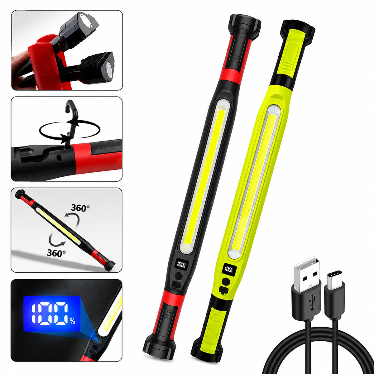 K LIGHT KL-D95 (MIKNATISLI) (TYPE-C ŞARJ & DİJİTAL GÖSTERGE) (360° DÖNEBİLEN GÖVDE & ASKI KANCA & ÇİFT RENK & 52.5CM) (EL FENER & IŞILDAK) ÇOK AMAÇLI LED ÇALIŞMA LAMBASI (4 FONKSİYON RENKLİ)*60