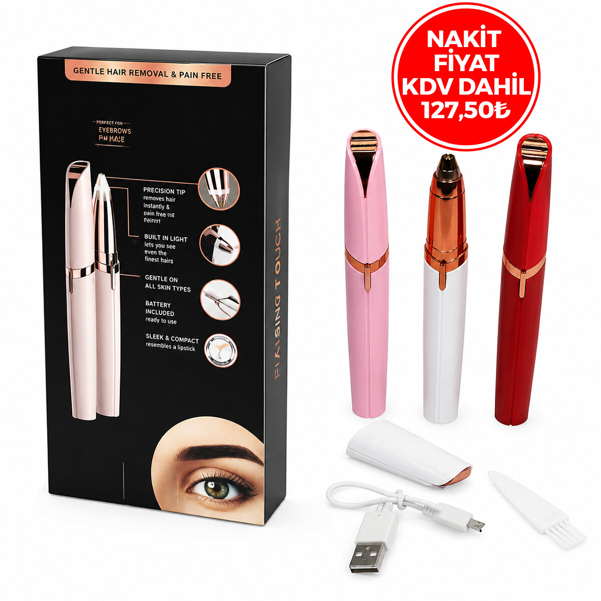 FLAWLBSS K-02 (18K GOLD PLATED) (USB ŞARJLI) (KALEM MODELİ) (KAŞ & BURUN & YANAK KIL) TÜY TEMİZLEME MAKİNESİ ( IŞIKLI )*100                     qwe05