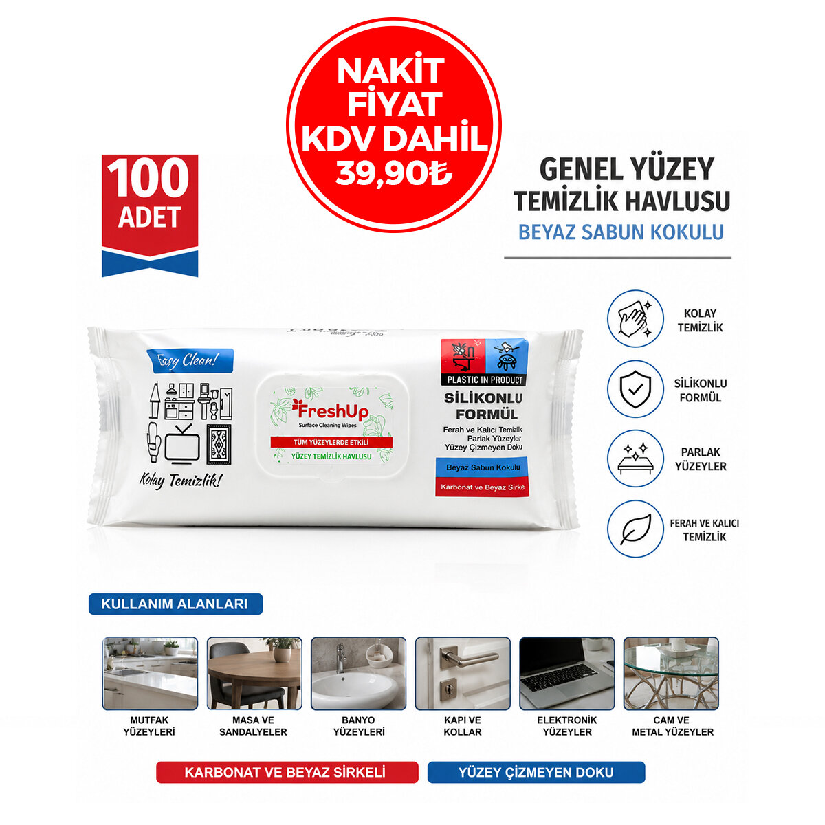 FRESHUP ( 100PCS ) ( GENEL YÜZEY TEMİZLİK HAVLUSU & BEYAZ SABUN KOKULU ) ISLAK MENDİL*12=K