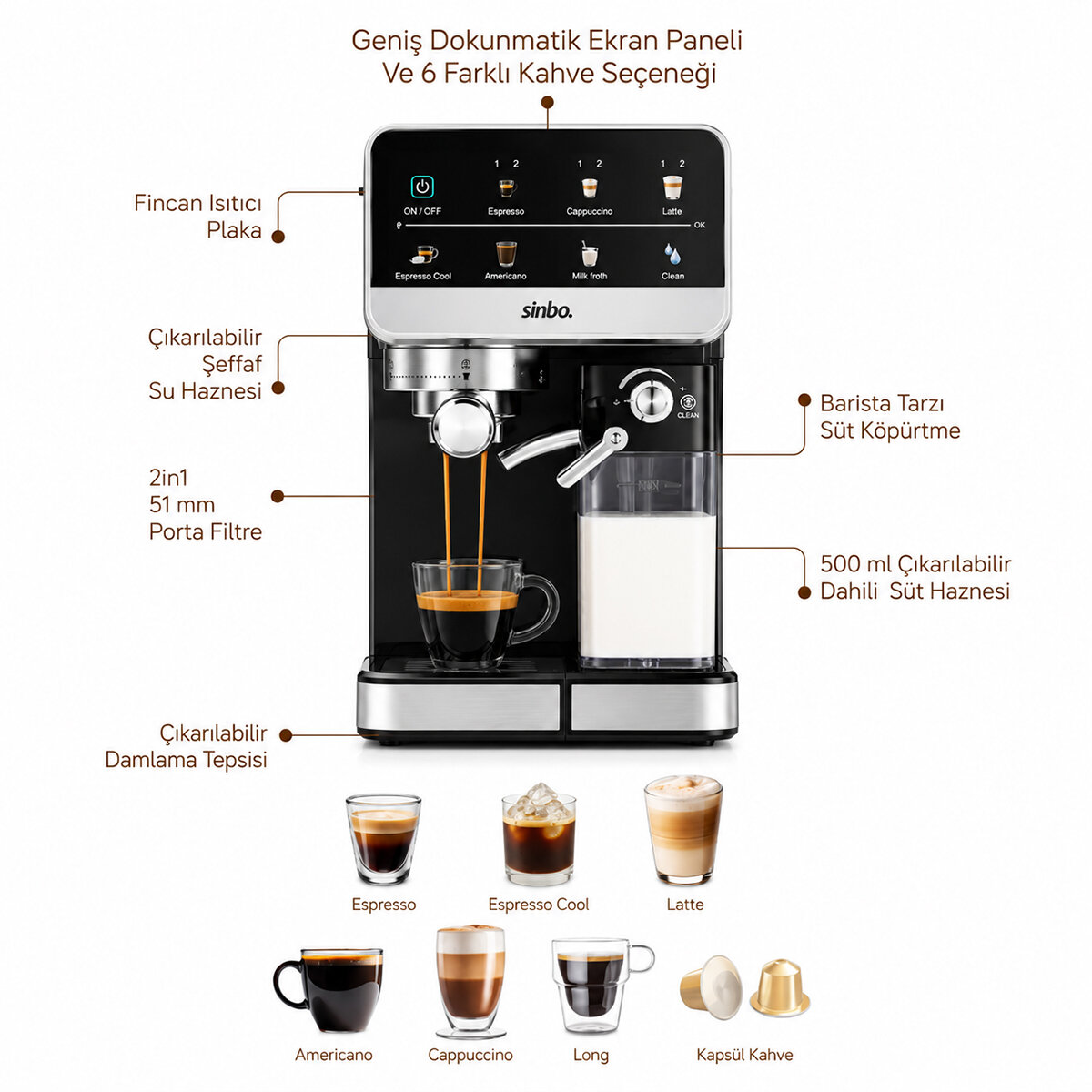 SİNBO SCM-2996 PRO ( SİYAH ) ESPRESSO KAHVE MAKİNESİ ( 6 FARKLI KAHVE ) ( 1.5LT SU HAZNE & 500ML SÜT HAZNE )*1