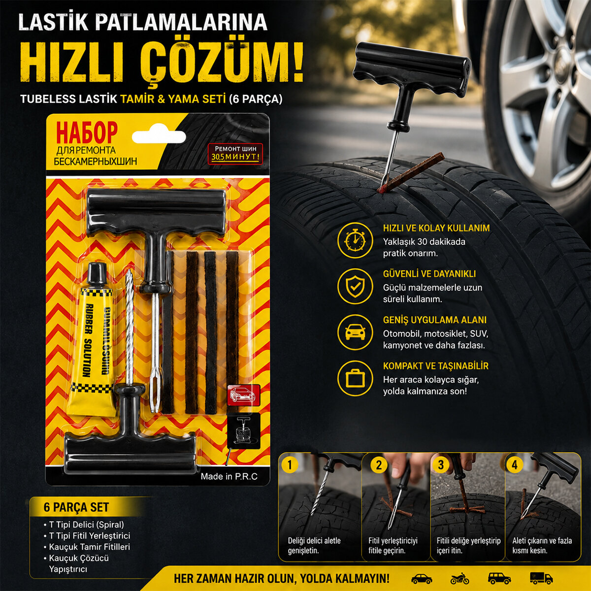 HASUBA HS-350 TUBELESS TIRE REPAIR KIT ( 6PCS ) ( LASTİK TAMİR & YAMA SETİ )*10X20 HASUBA HS-350 TUBELESS TIRE REPAIR KIT ( 6PCS ) ( LASTİK TAMİR & YAMA SETİ )*10X20