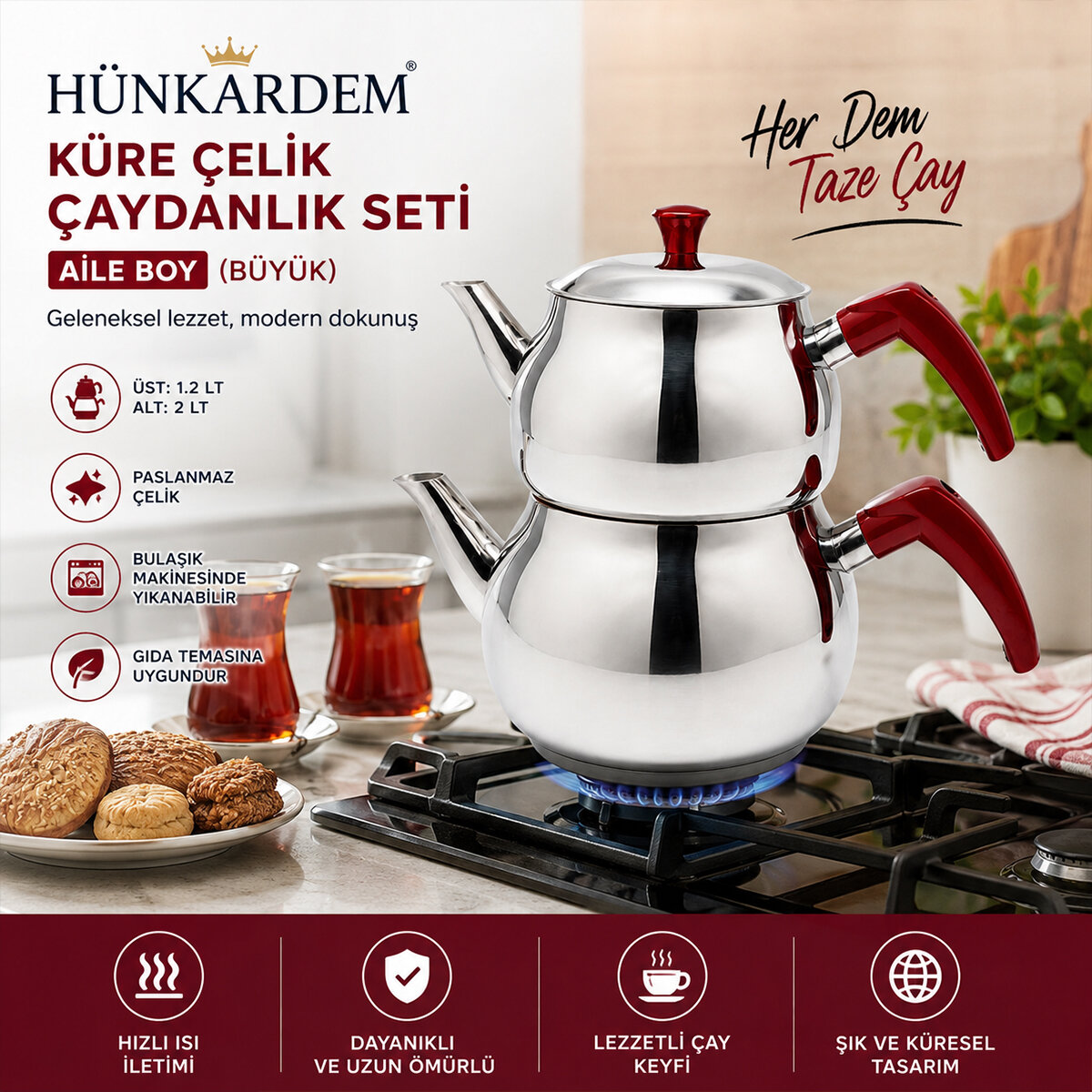HÜNKARDEM ( AİLE ) ( BÜYÜK ) BOY KÜRE ÇELİK ÇAYDANLIK SETİ ( ÜST: 1.2LT & ALT: 2LT )*8 HÜNKARDEM ( AİLE ) ( BÜYÜK ) BOY KÜRE ÇELİK ÇAYDANLIK SETİ ( ÜST: 1.2LT & ALT: 2LT )*8