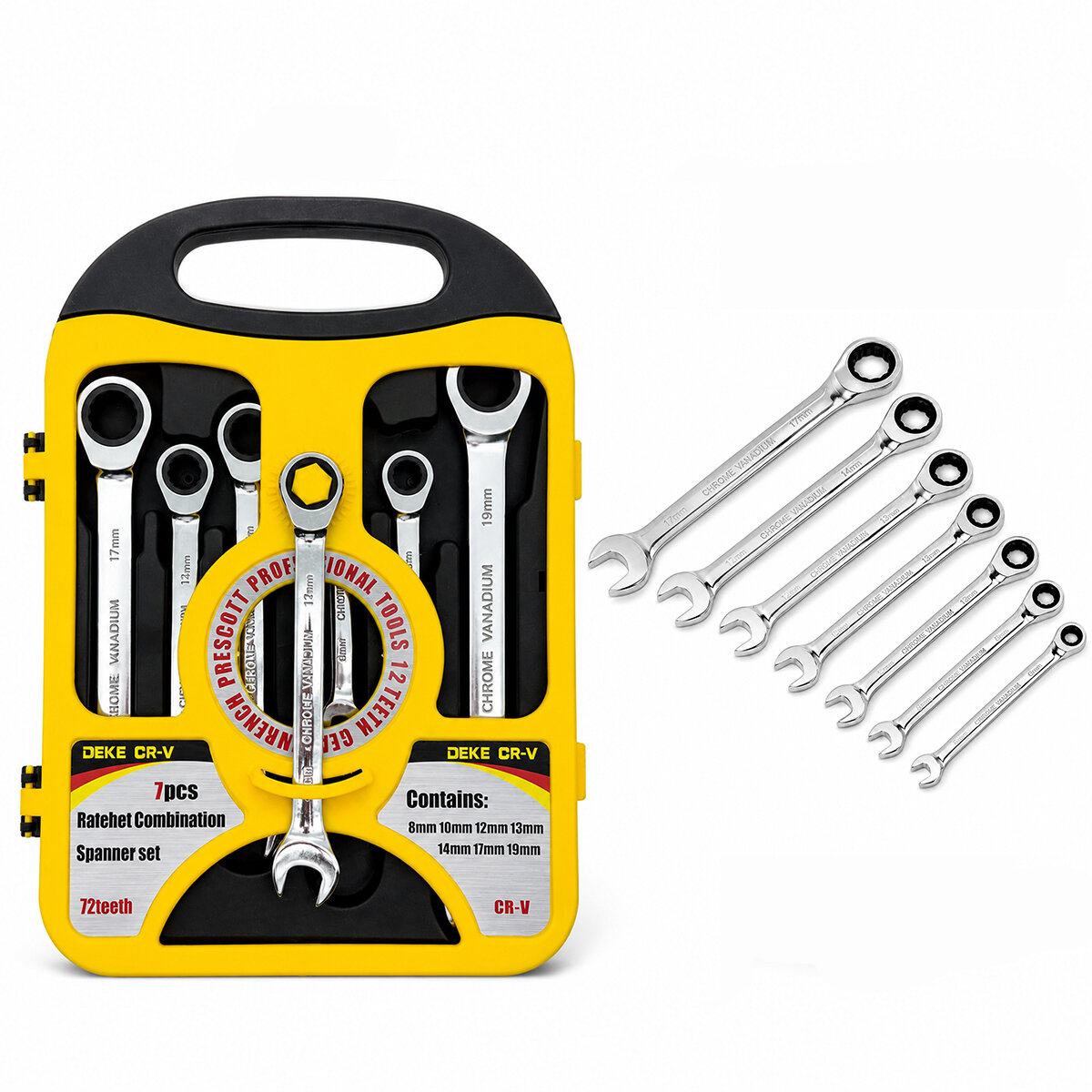 DEKE CR-V PROFFESSIONAL ( 7PCS ) ( CIRCIR KOMBİNE AÇIK ANAHTAR ) SETİ ( 8-10-12-13-14-17-19MM ) ( PLASTİK TAŞIMA ÇANTA STAND )*35