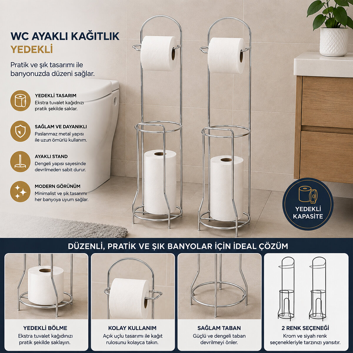 LEVA HOUSE AWC ( KROM & METAL) AYAKLI WC KAĞITLIK ( YEDEKLİ )*12 LEVA HOUSE AWC ( KROM & METAL) AYAKLI WC KAĞITLIK ( YEDEKLİ )*12