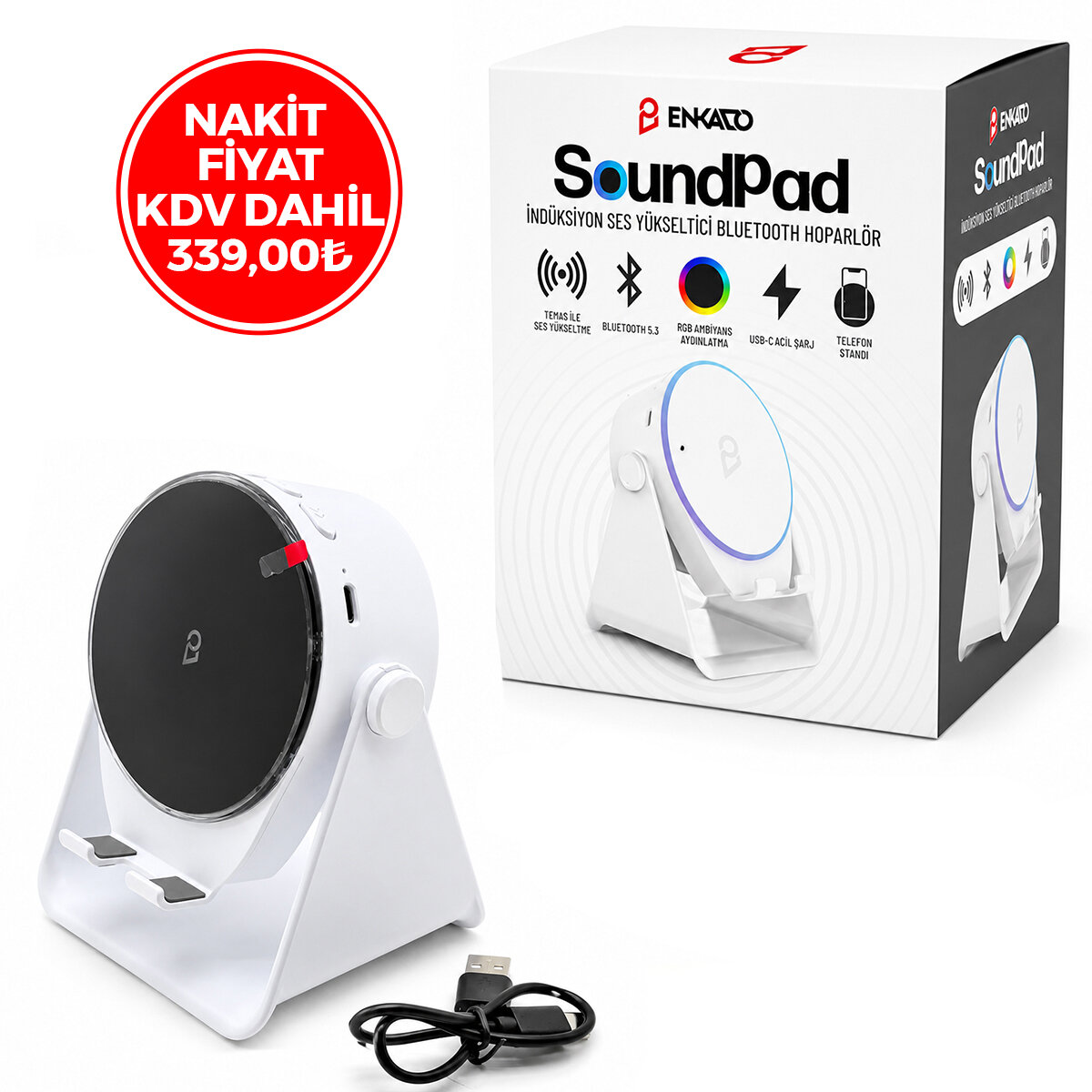ENKADO EKD-S11 SOUNDPAD ( 5IN1 & 5W & 2000mAh) ( TEMAS İLE SES YÜKSELTME & TELEFON STAND & USB-C ŞARJ ) ( BEYAZ ) İNDİKSİYON SES YÜKSELTİCİ BLUETOOTH HOPARLÖR ( SPEAKER )*20