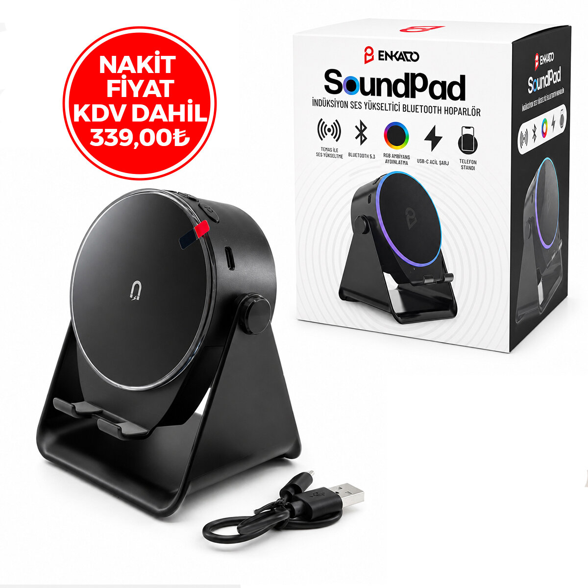 ENKADO EKD-S10 SOUNDPAD ( 5IN1 & 5W & 2000mAh) ( TEMAS İLE SES YÜKSELTME & TELEFON STAND & USB-C ŞARJ ) ( SİYAH ) İNDİKSİYON SES YÜKSELTİCİ BLUETOOTH HOPARLÖR ( SPEAKER )*20