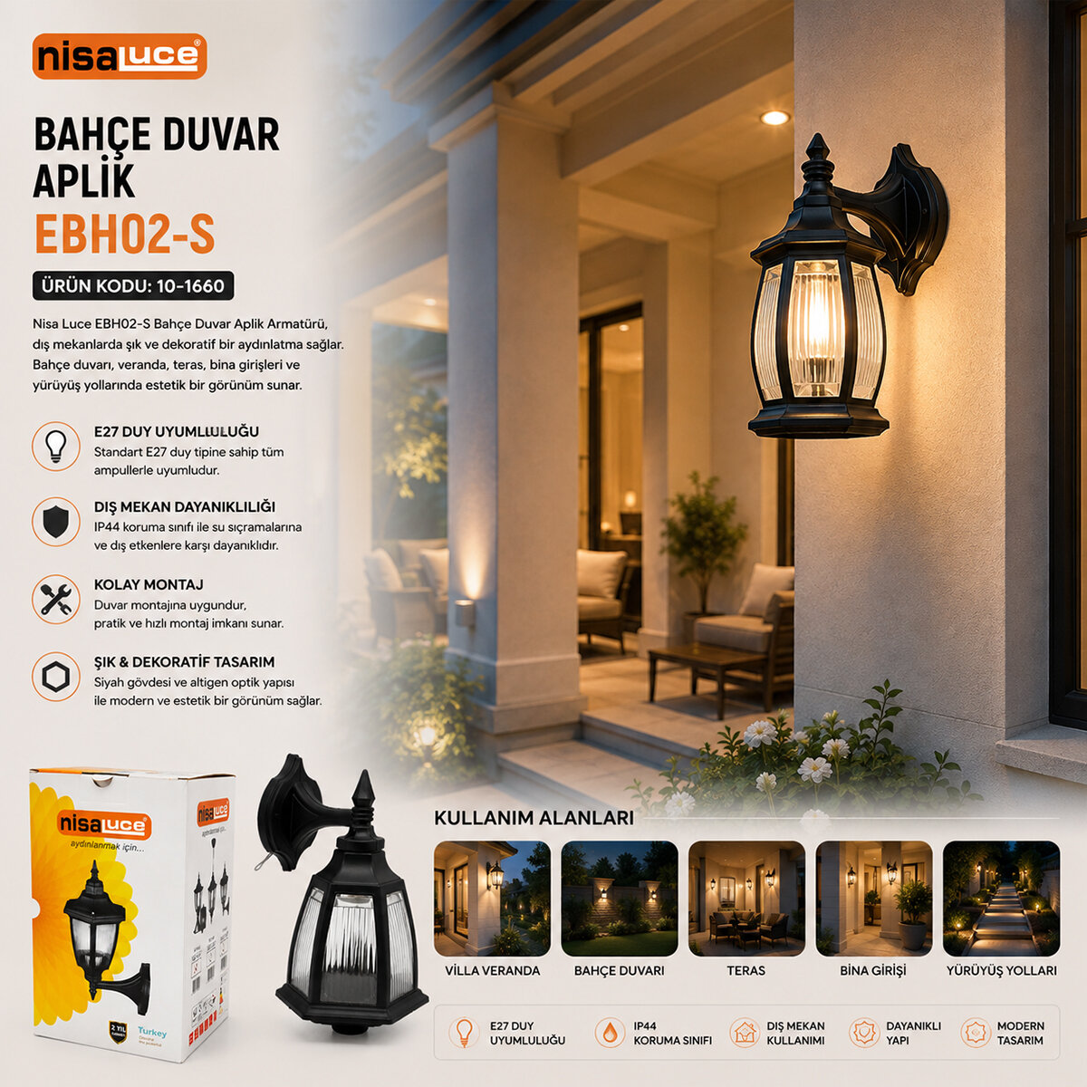 NİSALUCE EBH02-S ( E27 & IP44 ) ( SİYAH ) ( 60W ) ( DUVAR APLİK ) ( BAHÇE-BALKON ) SOKAK LAMBASI & ARMATÜR*24 NİSALUCE EBH02-S ( E27 & IP44 ) ( SİYAH ) ( 60W ) ( DUVAR APLİK ) ( BAHÇE-BALKON ) SOKAK LAMBASI & ARMATÜR*24