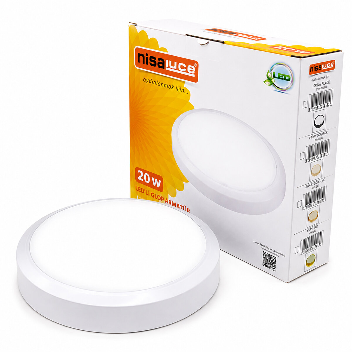 NİSALUCE E1212/B (20W) (BEYAZ METAL KASA) (SIVA ÜSTÜ) (YUVARLAK) LEDLİ GLOP ARMATÜR (IP20) (6500K & 1800Lm)*24
