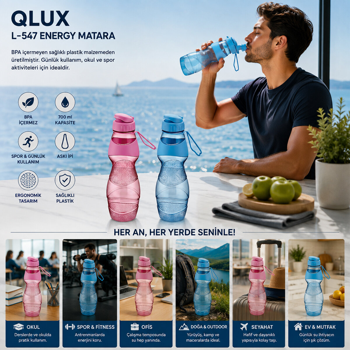 QLUX L-00547 ENERGY MATARA RENKLİ PLASTİK 700ML*16=K QLUX L-00547 ENERGY MATARA RENKLİ PLASTİK 700ML*16=K