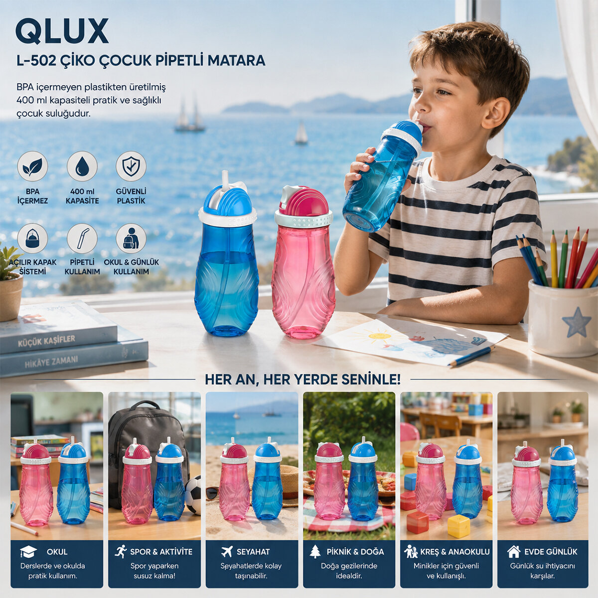 QLUX L-00502 ÇİKO ÇOCUK PİPETLİ PLASTİK MATARA RENKLİ*24=K QLUX L-00502 ÇİKO ÇOCUK PİPETLİ PLASTİK MATARA RENKLİ*24=K