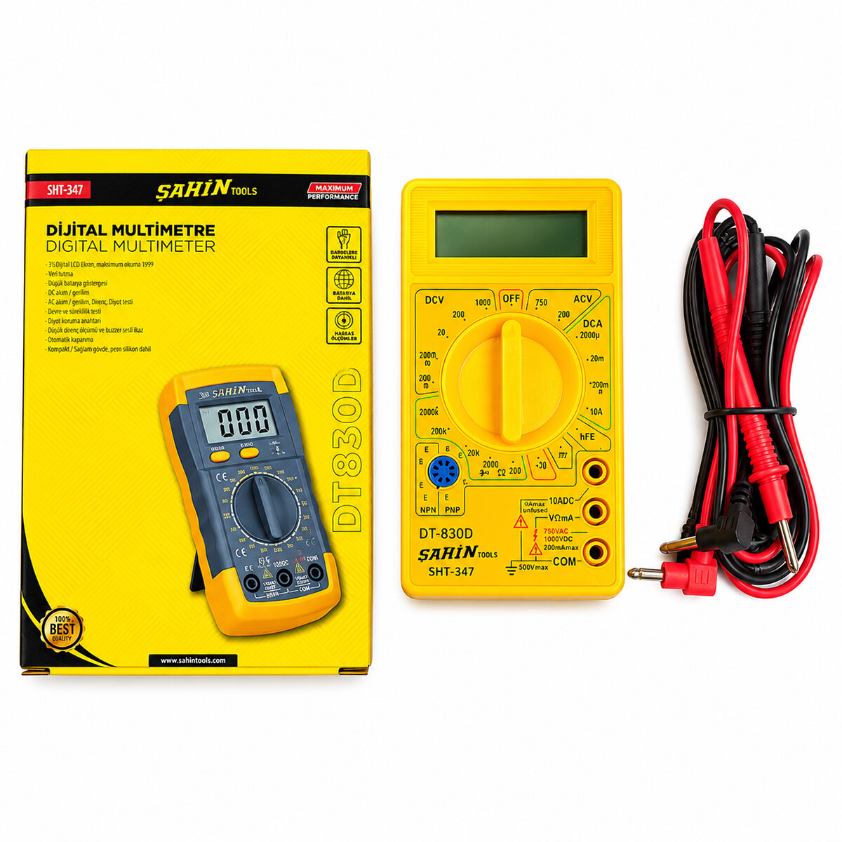 ŞAHİN TOOLS ŞHT-347 DİJİTAL MULTİMETRE (AC/DC VOLTAJ & DC AKIM & DİRENÇ & DİYOT & KISA DEVRE & NPN/PNP ÖLÇÜM)*100