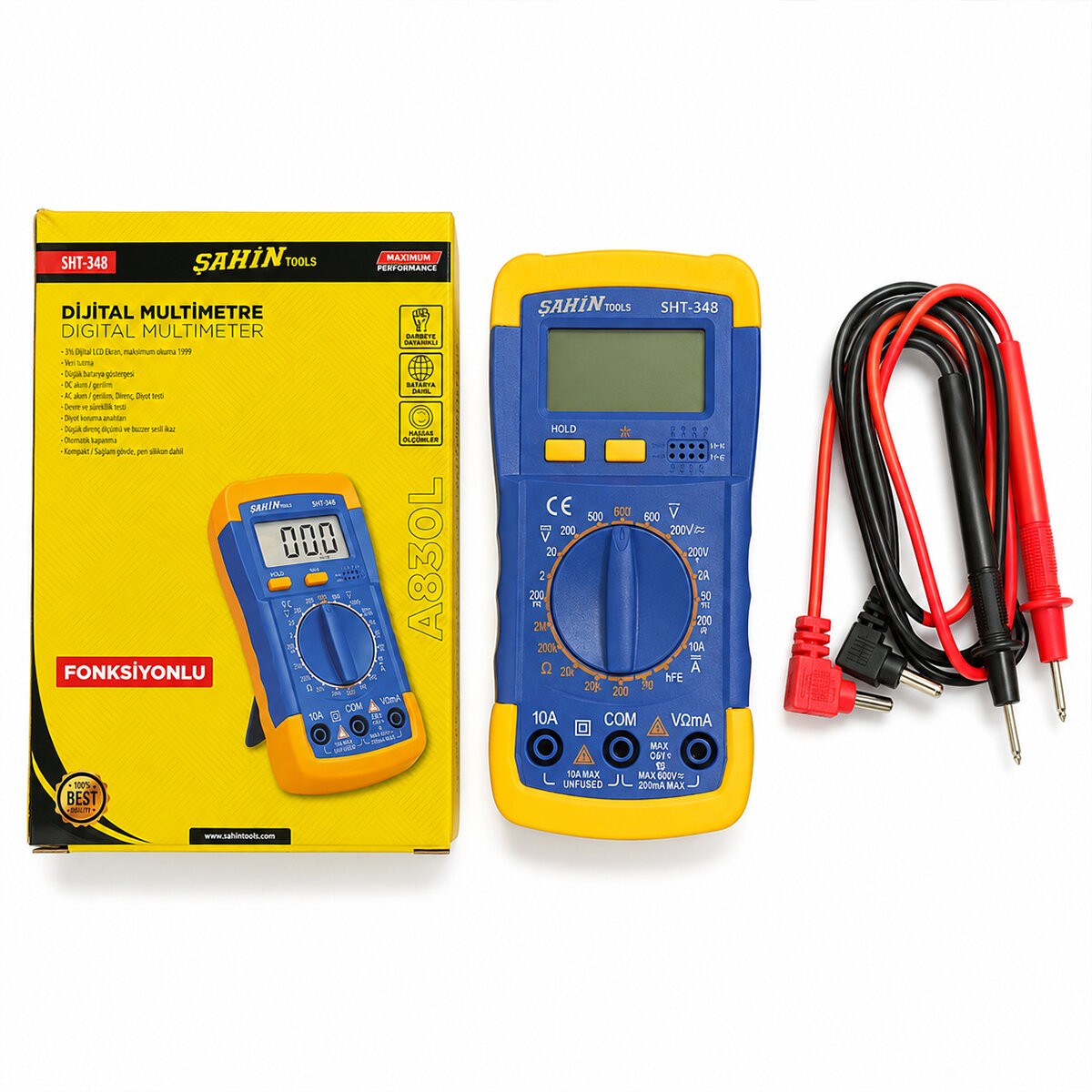 ŞAHİN ŞHT-348 A-830L ( FONKSİYONLU ) DİJİTAL MULTİMETRE ( DC VOLTAJ& AKIM& DİRENÇ& DİYOT& TRANSİSTÖR& KISA DEVRE& ÖLÇÜM )*60