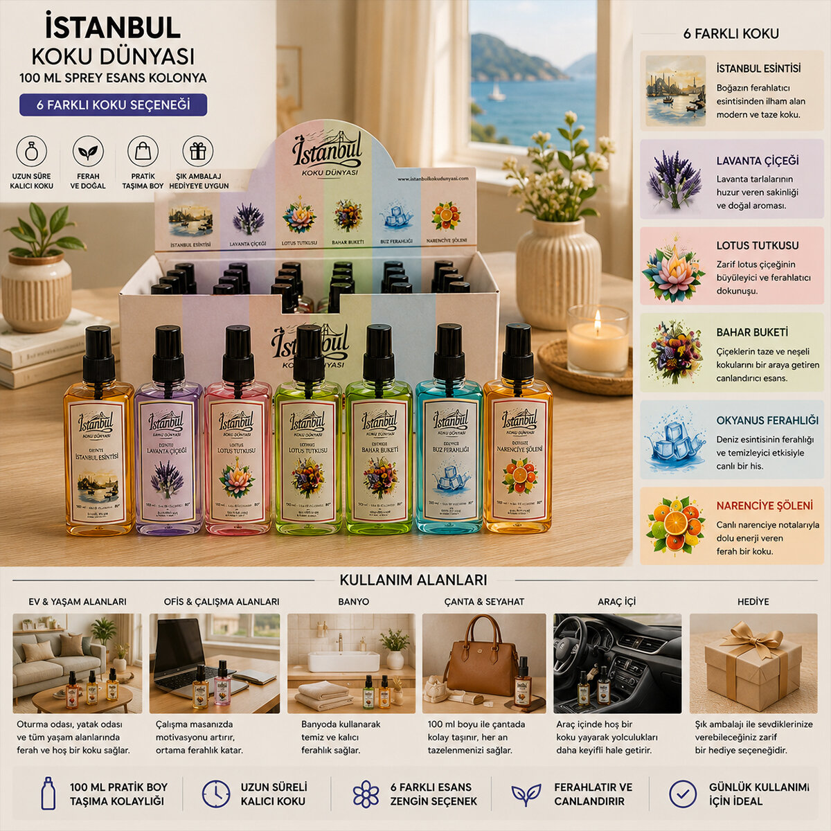 İSTANBUL KOKU DÜNYASI ( 100ML ) ( MİX ) SPREY ESANS KOLONYA ( İSTANBUL ES.-LAVANTA-LOTUS-BAHAR BAH.-BUZ FER.-NARENCİYE )*24X8 İSTANBUL KOKU DÜNYASI ( 100ML ) ( MİX ) SPREY ESANS KOLONYA ( İSTANBUL ES.-LAVANTA-LOTUS-BAHAR BAH.-BUZ FER.-NARENCİYE )*24X8