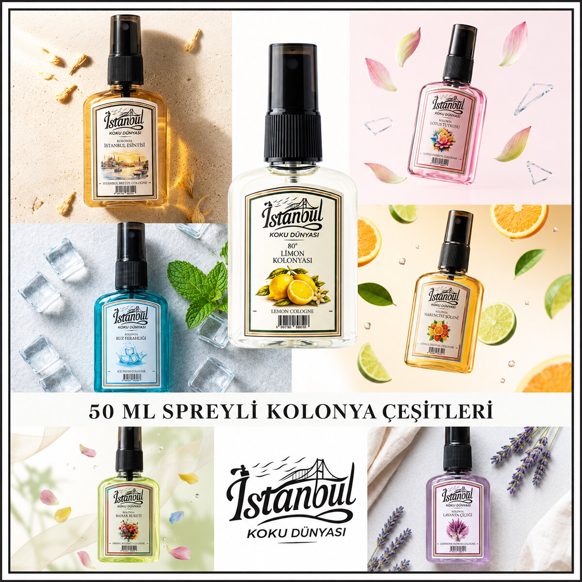 İSTANBUL KOKU DÜNYASI ( 50ML ) ( MİX ) SPREY ESANS KOLONYA ( İSTANBUL ES.-LAVANTA-LOTUS-BAHAR BAH.-BUZ FER.-NARENCİYE )*36X8 İSTANBUL KOKU DÜNYASI ( 50ML ) ( MİX ) SPREY ESANS KOLONYA ( İSTANBUL ES.-LAVANTA-LOTUS-BAHAR BAH.-BUZ FER.-NARENCİYE )*36X8
