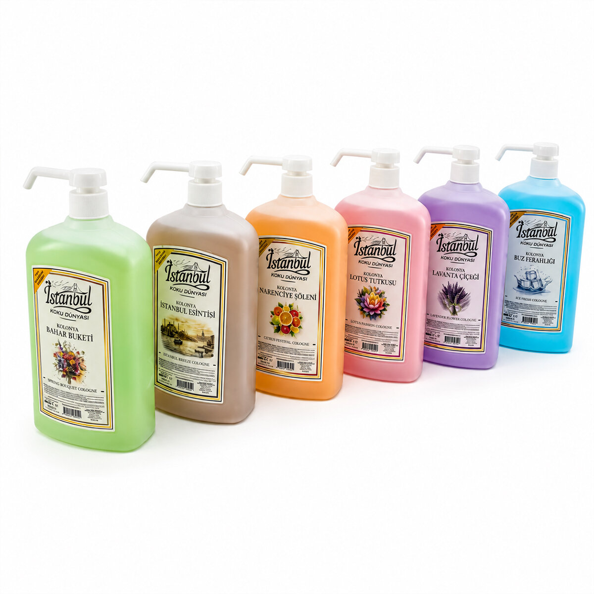 İSTANBUL KOKU DÜNYASI ( 900ML ) ( MİX ) POMPALI ESANS KOLONYA ( 50ML SPREY HEDİYELİ )( İSTANBUL ES.-LAVANTA-LOTUS-BAHAR BAH.-BUZ FER.-NARENCİYE )*12=K