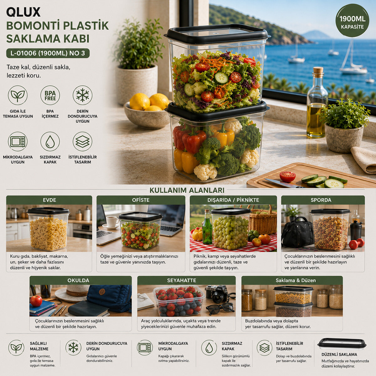 QLUX L-01006 ( 2PCS ) ( 1900ML ) ( NO-3 ) BOMONTİ PLASTİK SAKLAMA KABI*6=K