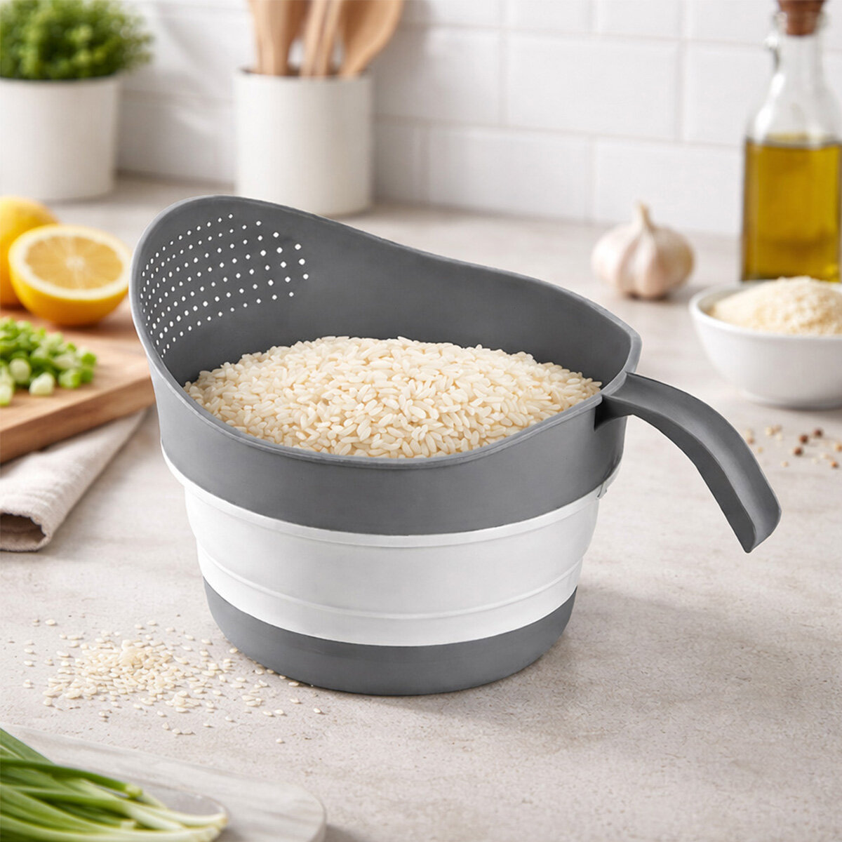 QLUX L-00984-2 ( KATLANABİLİR ) PİRİNÇ SÜZGEÇ ( GRİ ) ( MAŞRAFA MODELİ ) ( 2250ML ) ( KAPALI=8.5 & AÇIK=16CM ) ( 19X26CM )*14=K