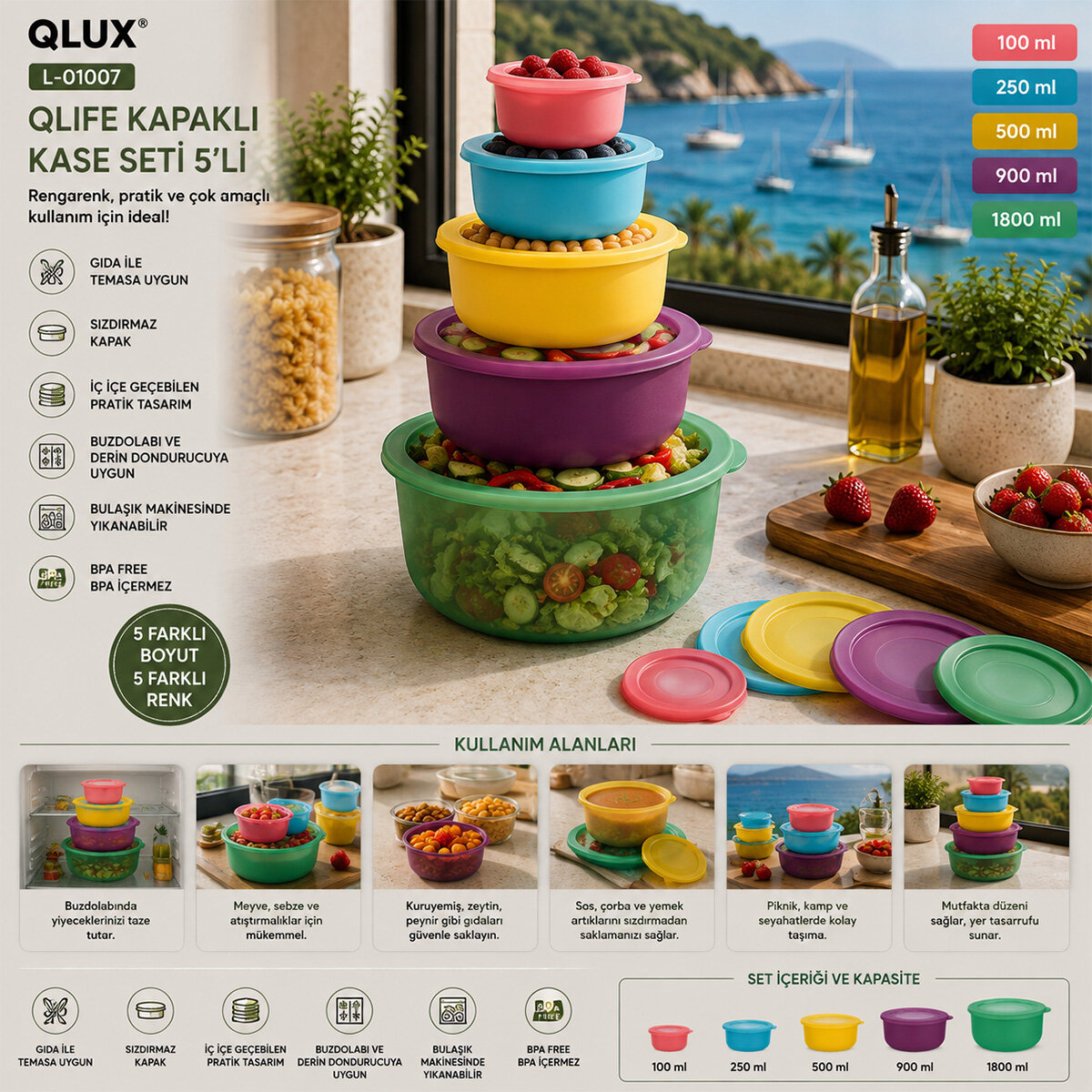 QLUX L-01007 ( 5PCS ) QLİFE KAPAKLI SAKLAMA KABI & KASE SETİ RENKLİ*12=K