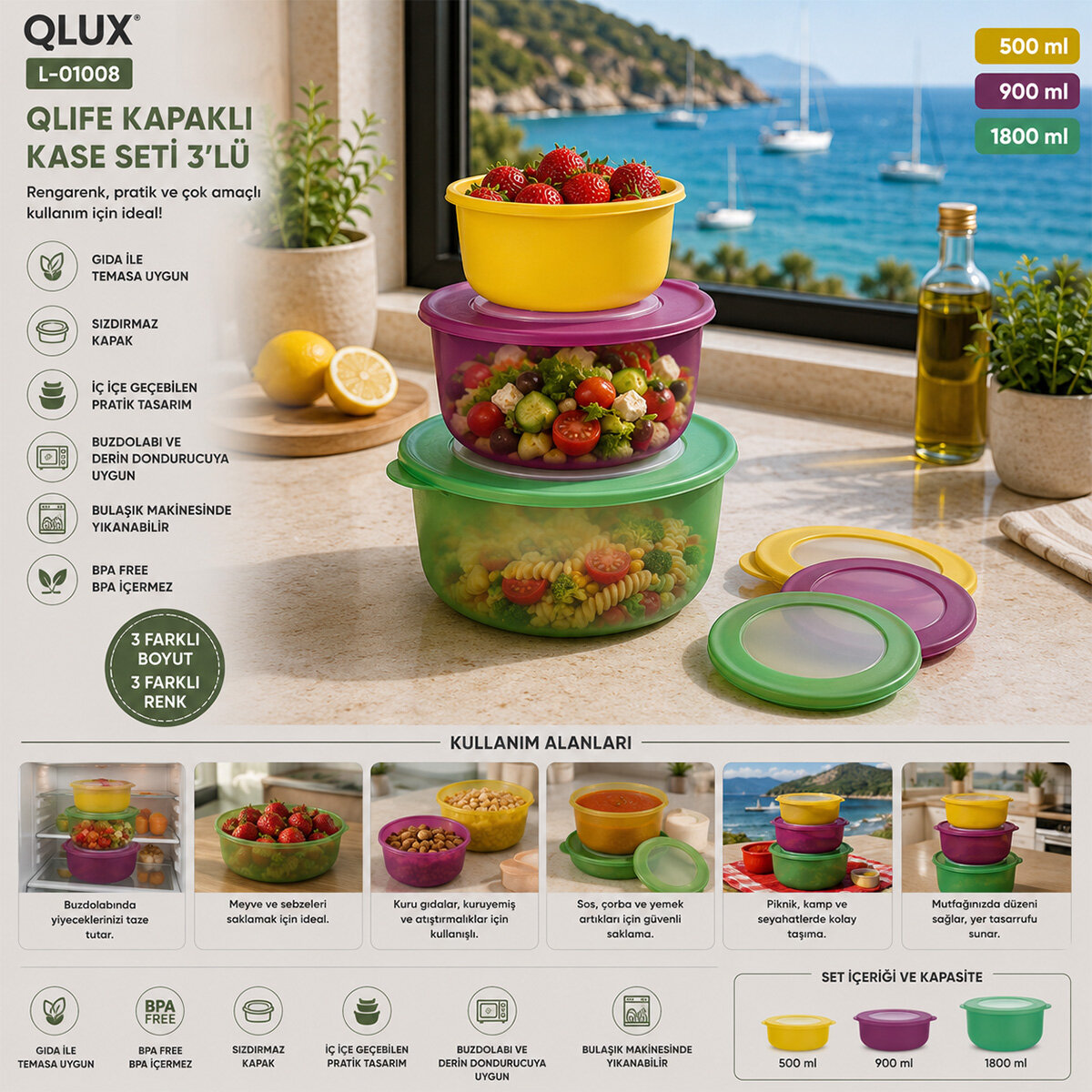 QLUX L-01008 ( 3PCS ) ( SIZDIRMAZ KAPAK ) ( RENKLİ ) KAPAKLI SAKLAMA KABI & KASE SETİ*12=K QLUX L-01008 ( 3PCS ) ( SIZDIRMAZ KAPAK ) ( RENKLİ ) KAPAKLI SAKLAMA KABI & KASE SETİ*12=K
