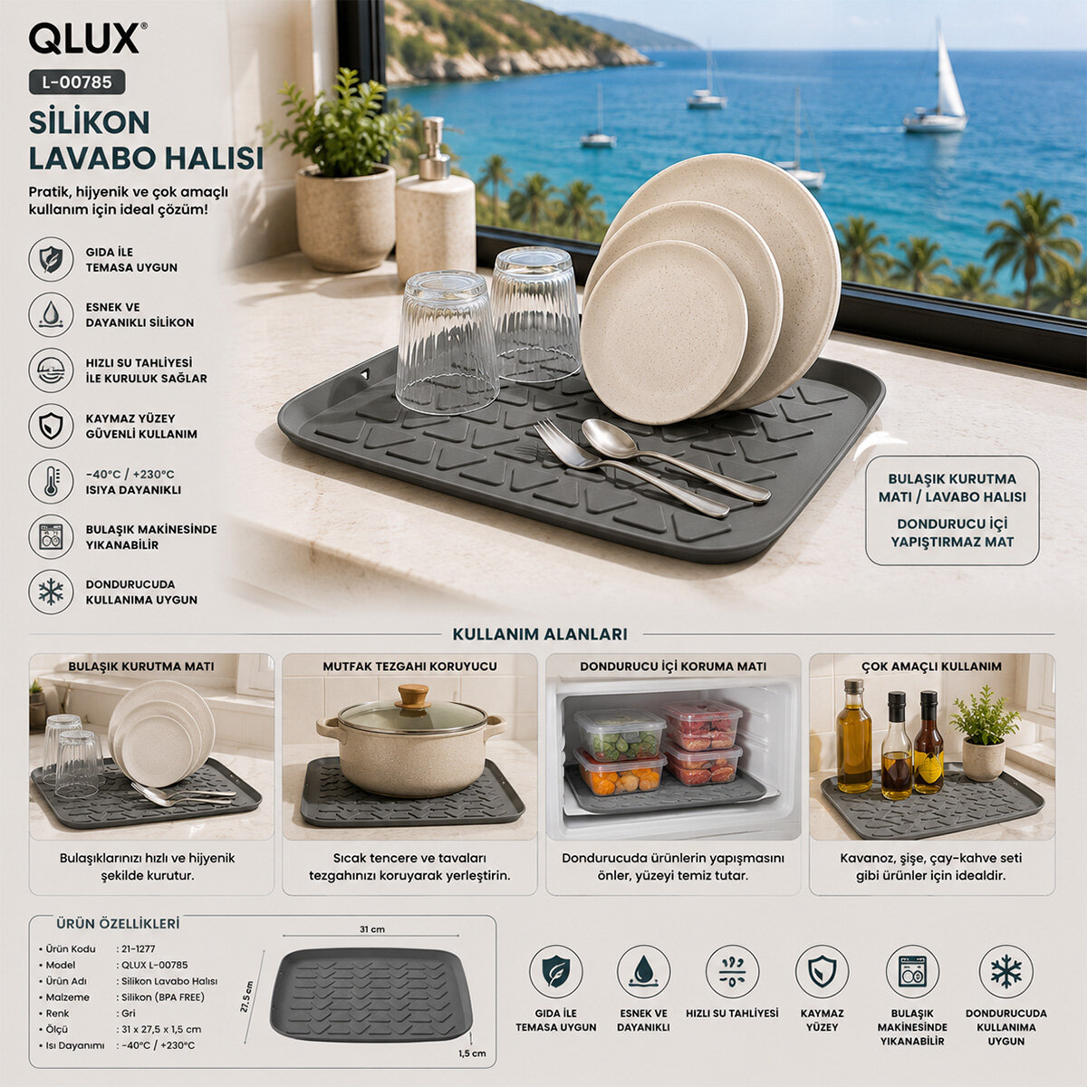 QLUX L-00785 SİLİKON BULAŞIK & LAVABO KURUTMA MATI & HALISI*30