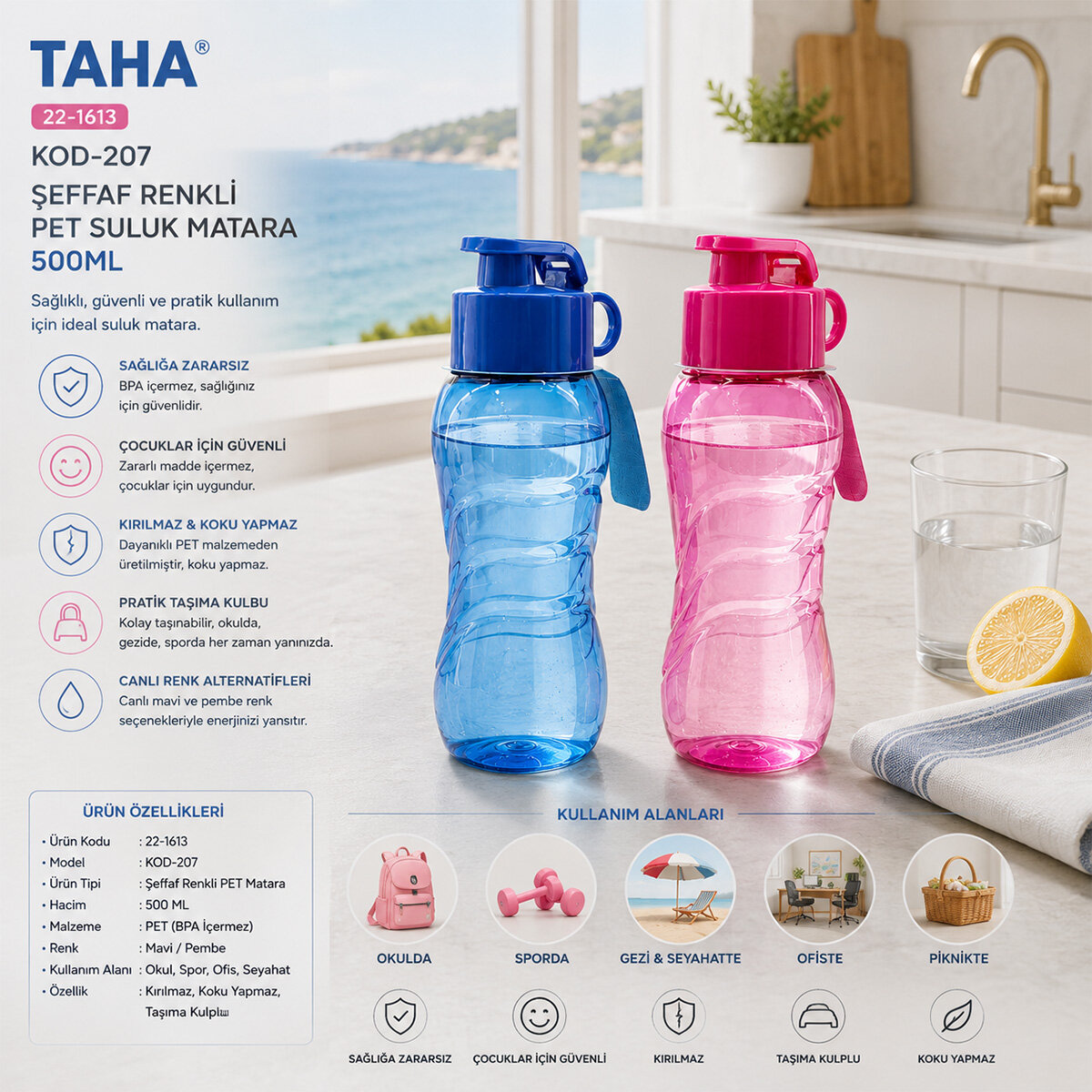 TAHA KOD-207 ŞEFFAF RENKLİ PET SULUK MATARA 500ML*24X1 TAHA KOD-207 ŞEFFAF RENKLİ PET SULUK MATARA 500ML*24X1