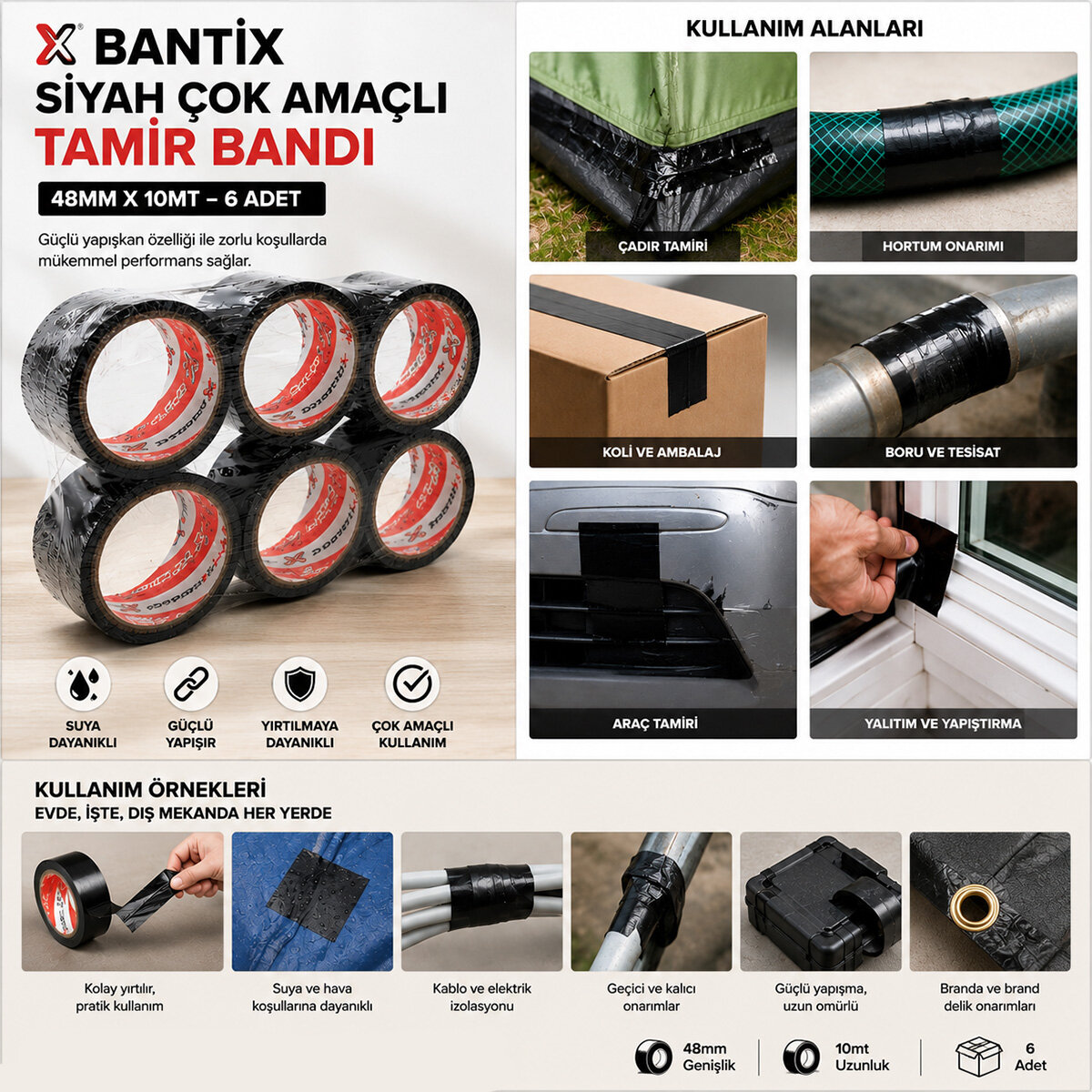 BANTİX ( SİYAH ) TEKLİ ÇADIR & TAMİR BANTI ( 48MMX10MT ) ( BANDI )*6X6 BANTİX ( SİYAH ) TEKLİ ÇADIR & TAMİR BANTI ( 48MMX10MT ) ( BANDI )*6X6