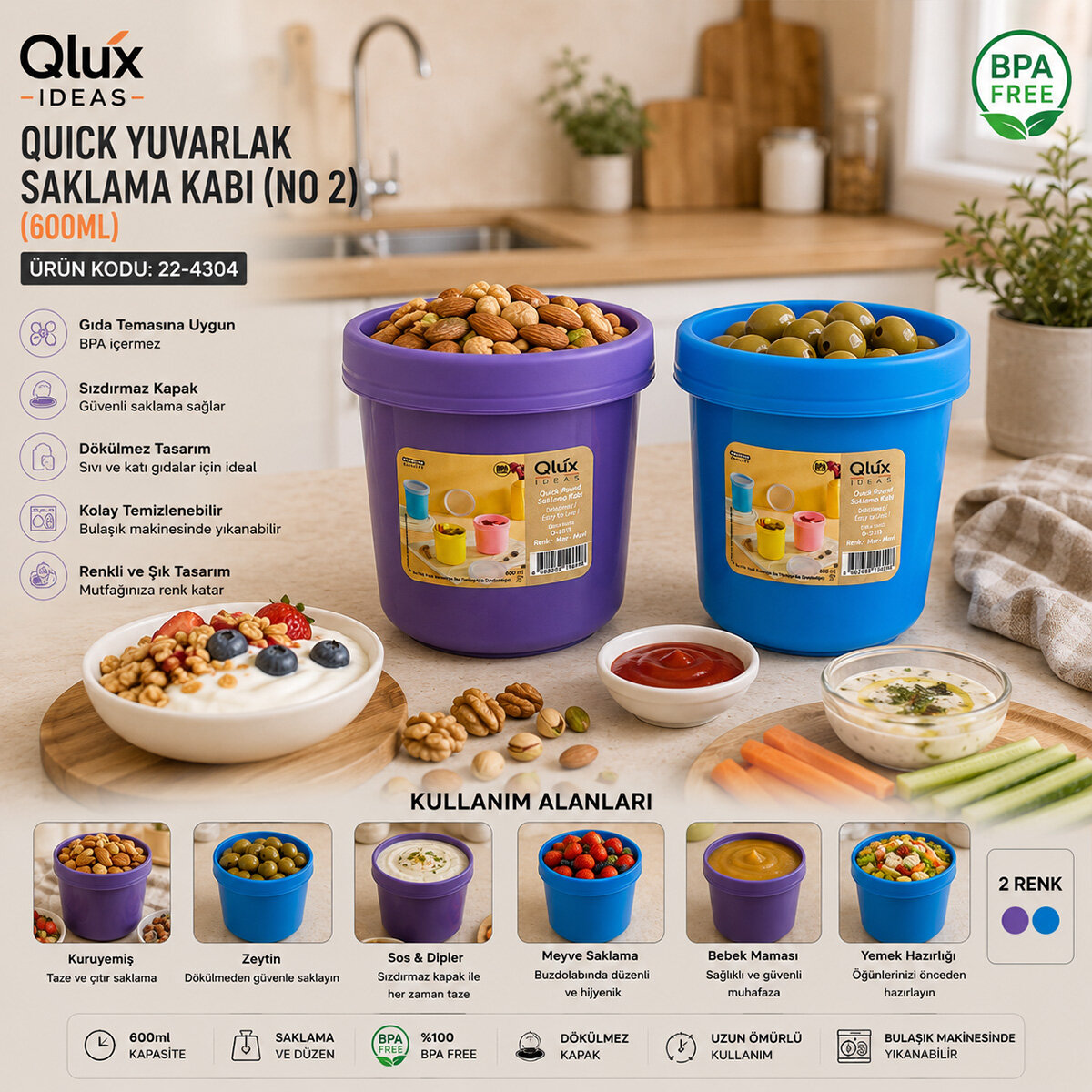 QLUX L-01015 ( NO-2 ) QUICK YUVARLAK SAKLAMA KABI & KASE KAPAKLI RENKLİ ( 600ML )*12=K
