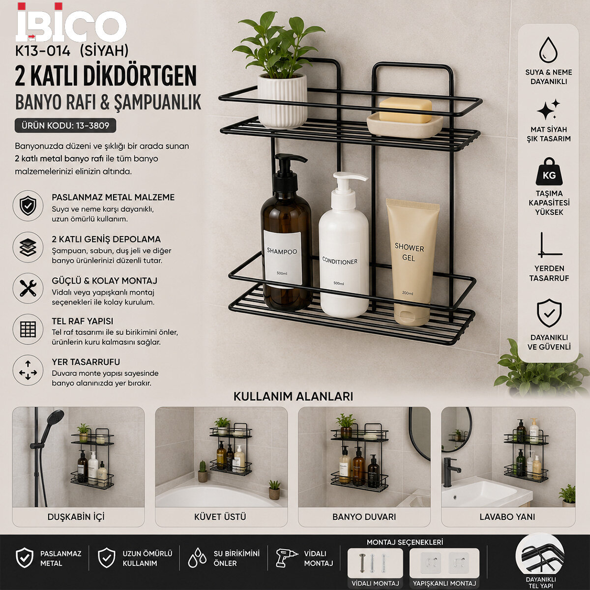 İBİCO K13-014 ( 2 KATLI & DİKDÖRTGEN ) ( SİYAH ) ( METAL ) BANYO KÖŞELİK & DUŞKABİN RAF & ŞAMPUANLIK*12=K İBİCO K13-014 ( 2 KATLI & DİKDÖRTGEN ) ( SİYAH ) ( METAL ) BANYO KÖŞELİK & DUŞKABİN RAF & ŞAMPUANLIK*12=K