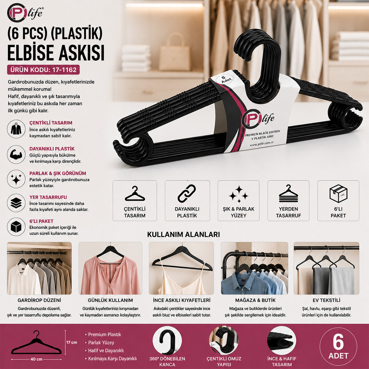 PİLİFE Pİ-847 ( 6PCS ) ( SİYAH ) ELBİSE ASKISI PLASTİK*24=K PİLİFE Pİ-847 ( 6PCS ) ( SİYAH ) ELBİSE ASKISI PLASTİK*24=K