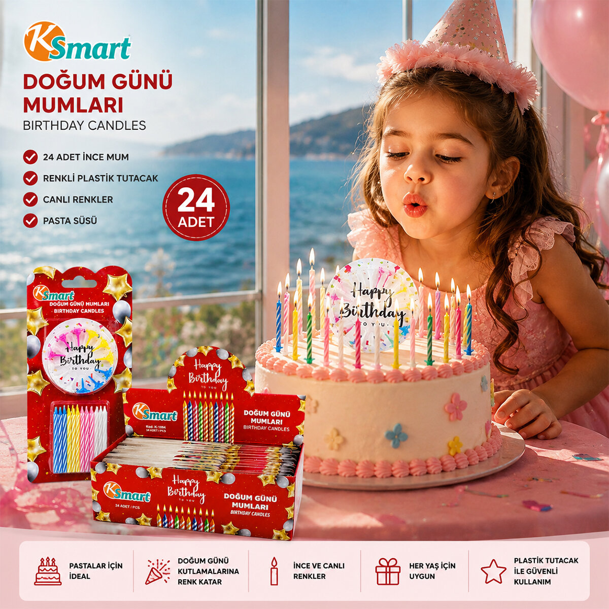 KSMART K-1094 ( 24PCS ) ( İNCE ) ( RENKLİ ) DOĞUM GÜNÜ MUMU ( RENKLİ PLASTİK TUTACAK )*24X24 KSMART K-1094 ( 24PCS ) ( İNCE ) ( RENKLİ ) DOĞUM GÜNÜ MUMU ( RENKLİ PLASTİK TUTACAK )*24X24