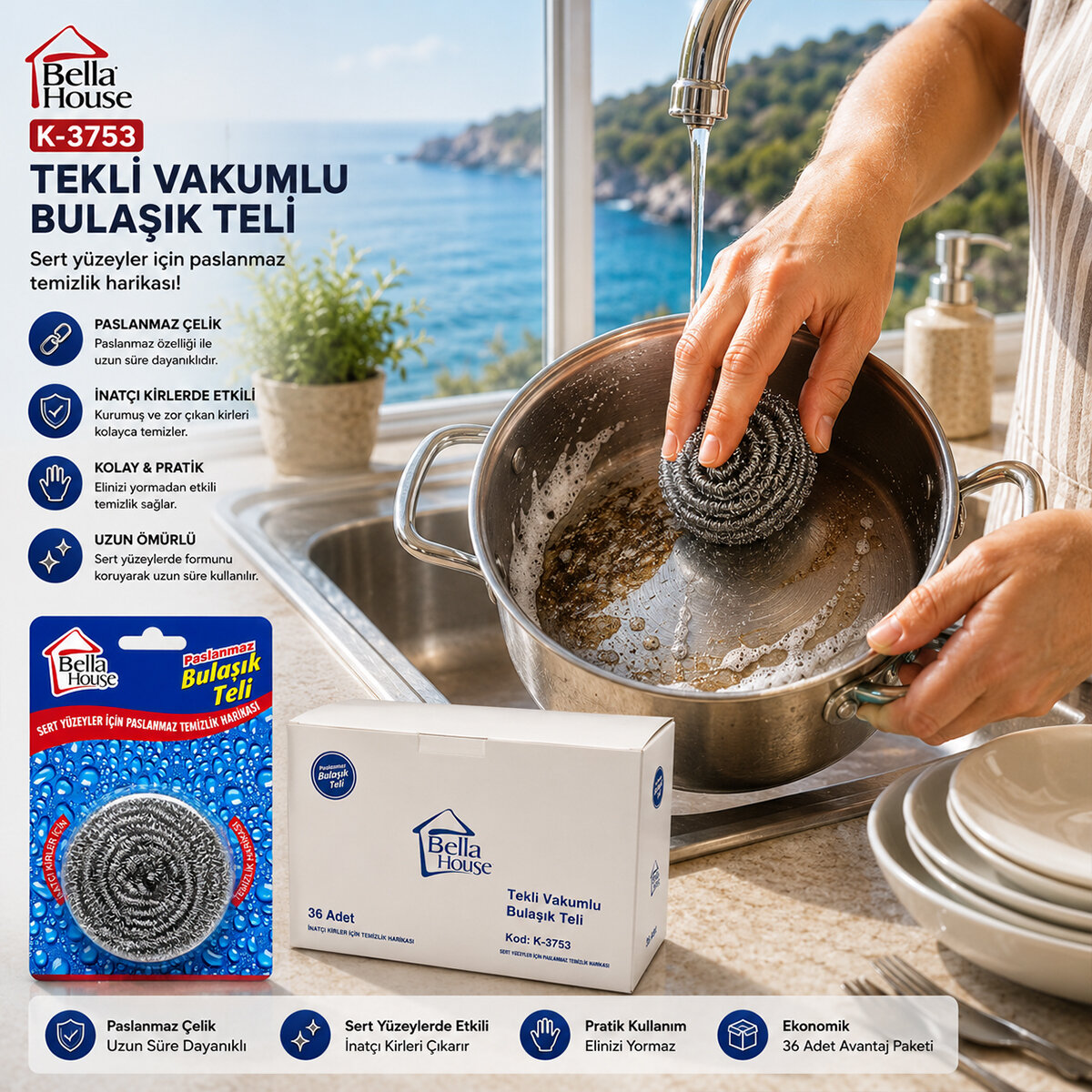 BELLA HOUSE K-3753 ( VAKUMLU ) BULAŞIK TELİ TEKLİ PASLANMAZ15GR*36X20 BELLA HOUSE K-3753 ( VAKUMLU ) BULAŞIK TELİ TEKLİ PASLANMAZ15GR*36X20