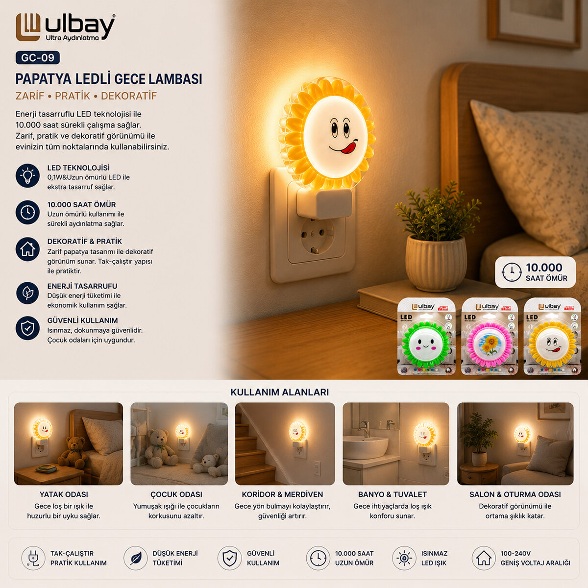 ULBAY GC-09 ( PAPATYA ) LEDLİ GECE LAMBASI*10X24 ULBAY GC-09 ( PAPATYA ) LEDLİ GECE LAMBASI*10X24