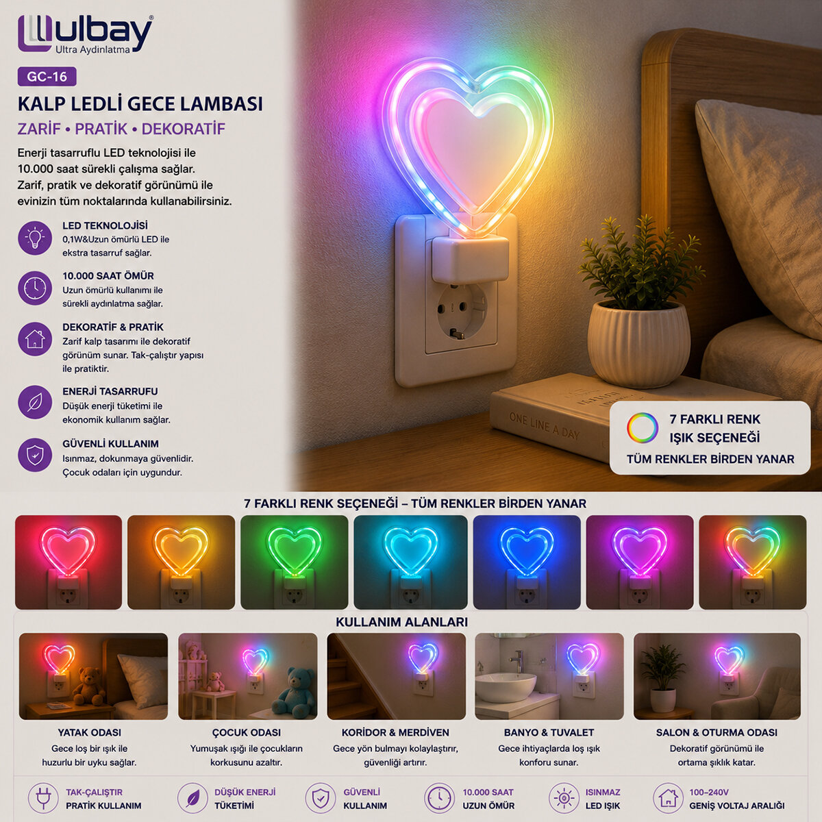 ULBAY GC-16 ( KALP ) LEDLİ GECE LAMBASI*10X24 ULBAY GC-16 ( KALP ) LEDLİ GECE LAMBASI*10X24