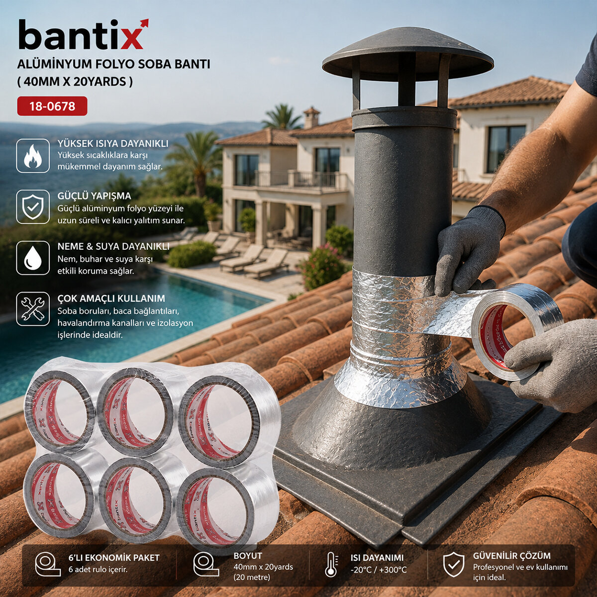 BANTİX ( 40MMX20YARDS ) ALÜMİNYUM FOLYO SOBA BANTI ( BANDI )*6X24 BANTİX ( 40MMX20YARDS ) ALÜMİNYUM FOLYO SOBA BANTI ( BANDI )*6X24