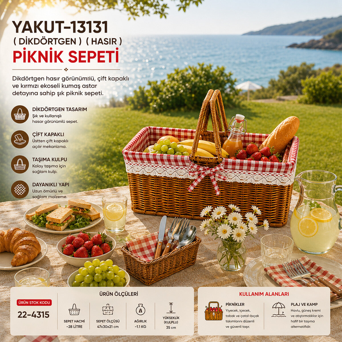 YAKUT-13131 ( DİKDÖRTGEN ) ( HASIR ) ( PİKNİK SEPETİ )*12=K YAKUT-13131 ( DİKDÖRTGEN ) ( HASIR ) ( PİKNİK SEPETİ )*12=K