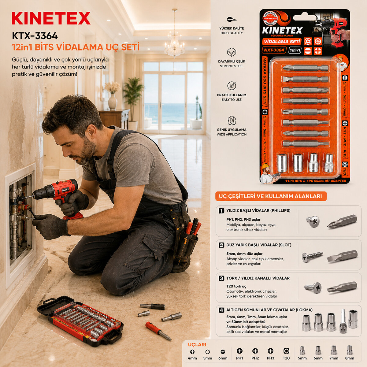 KINETEX KTX-3364 ( 12İN1 ) BITS VİDALAMA TORNAVİDA UCU SETİ*96 KINETEX KTX-3364 ( 12İN1 ) BITS VİDALAMA TORNAVİDA UCU SETİ*96