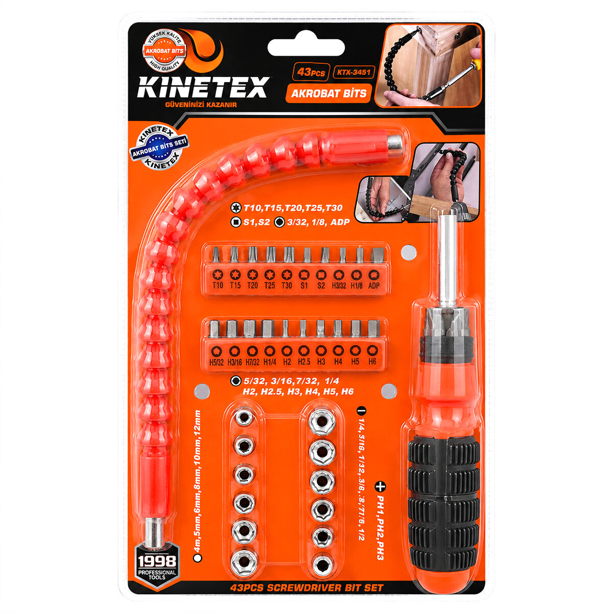 KINETEX KTX-3451 ( 43PCS ) ( SİLİKON SAP ) AKROBAT UZATMALI TORNAVİDA BİTS SETİ ( MANYETİK UÇ TUTUCU )*36