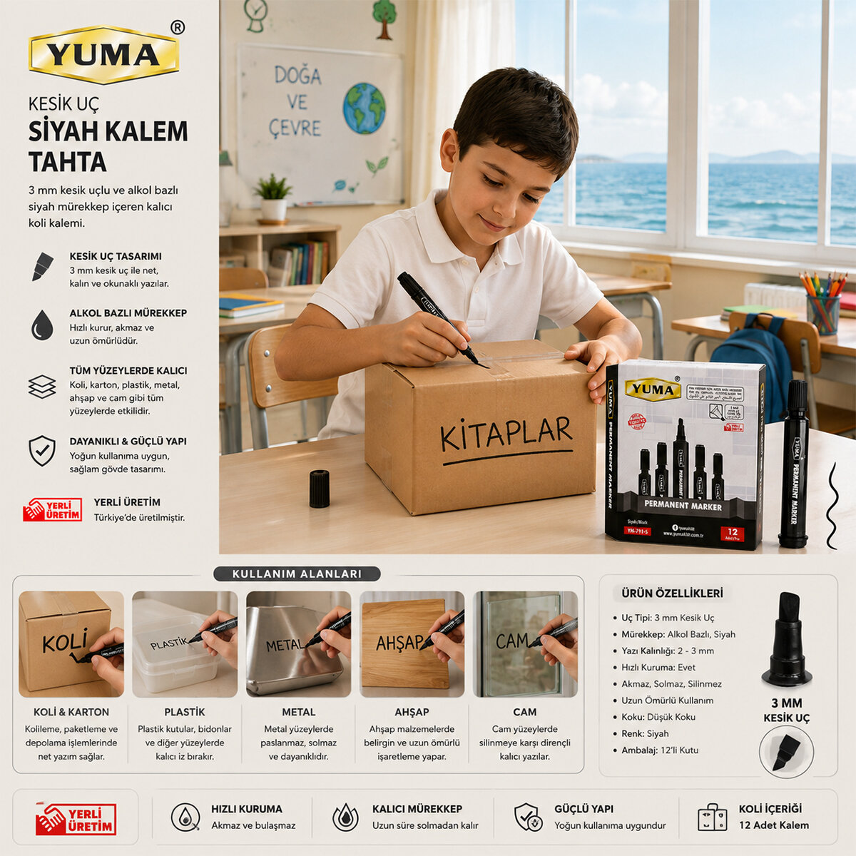 YUMA YM-791-S SİYAH TAHTA KALEM KESİK UÇ 3MM*12X96 YUMA YM-791-S SİYAH TAHTA KALEM KESİK UÇ 3MM*12X96