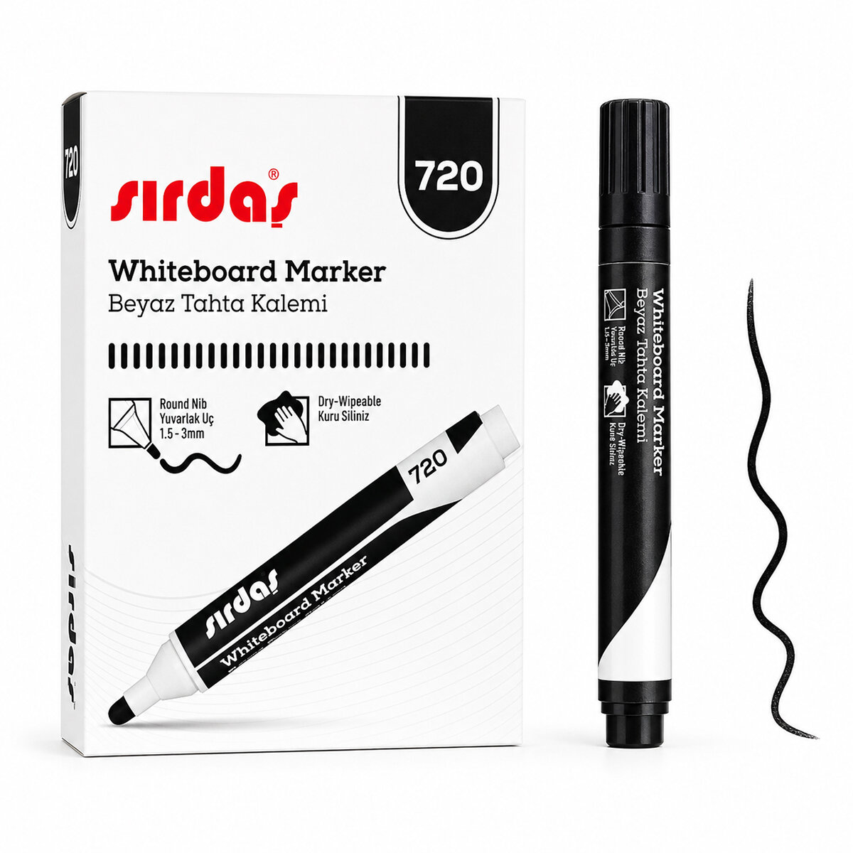 SIRDAŞ ( SİYAH ) BEYAZ TAHTA KALEMİ ( 3MM YUVARLAK UÇ )*12X96