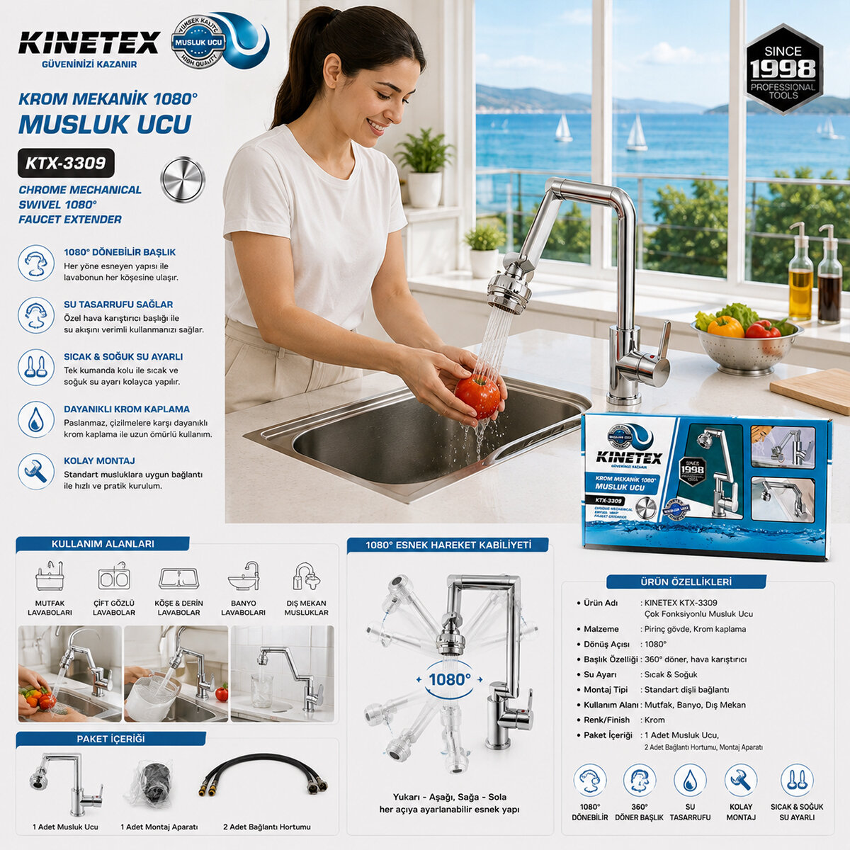 KINETEX KTX-3309 ( KROM & 1080° ) ÇOK FONKSİYONLU MUSLUK BATARYA*24 KINETEX KTX-3309 ( KROM & 1080° ) ÇOK FONKSİYONLU MUSLUK BATARYA*24
