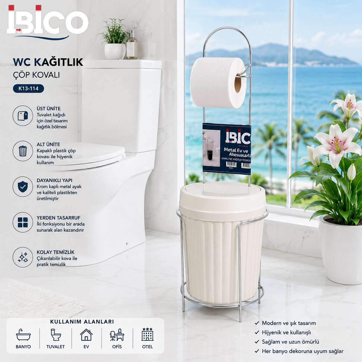 İBİCO K13-114 ( KROM & METAL ) ( AYAKLI ) WC KAĞITLIK ( PLASTİK ÇÖP KOVALI )*10=K İBİCO K13-114 ( KROM & METAL ) ( AYAKLI ) WC KAĞITLIK ( PLASTİK ÇÖP KOVALI )*10=K