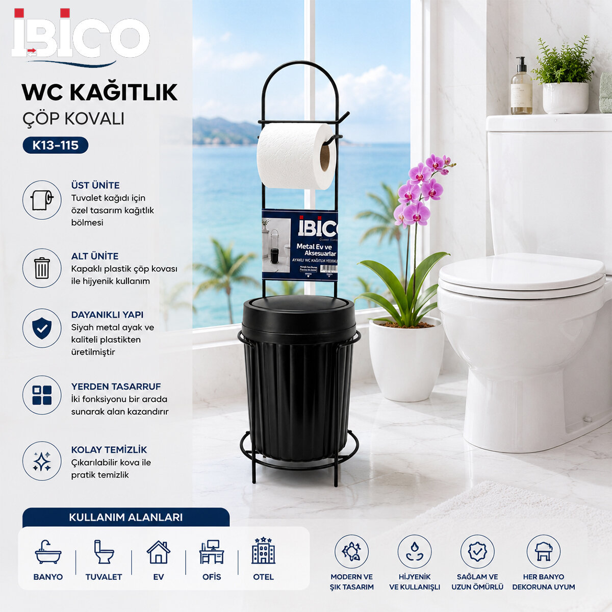 İBİCO K13-115 ( SİYAH & METAL ) ( AYAKLI ) WC KAĞITLIK ( PLASTİK ÇÖP KOVALI )*10=K İBİCO K13-115 ( SİYAH & METAL ) ( AYAKLI ) WC KAĞITLIK ( PLASTİK ÇÖP KOVALI )*10=K