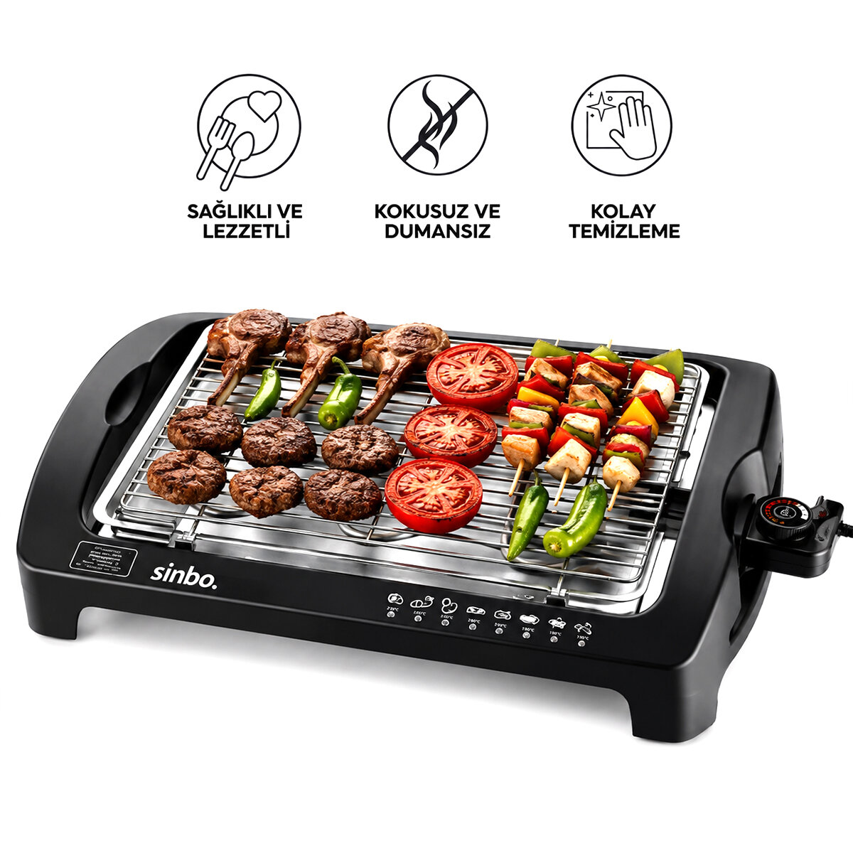 SİNBO SBG-7102 ELEKTRİKLİ IZGARA (KOKUSUZ & DUMANSIZ) (5 KADEMELİ TERMOSTAT=100-260℃) ( YAPIŞMAZ ) (KOLAY TEMİZLENİR) (2000W)*2