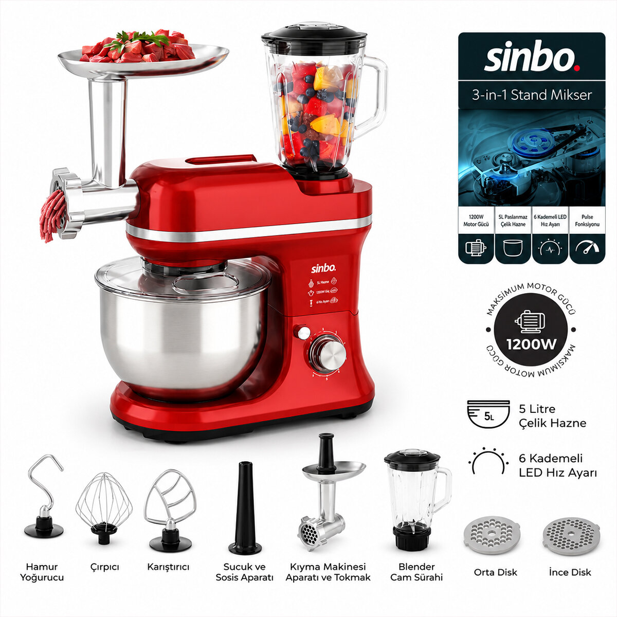 SİNBO SMX-2772 ( KIRMIZI ) STANDLI MİKSER & BLENDER SETİ (3IN1)(KIYMA MAK. APARATI)(5 KADEM. HIZ AYAR )(4.5LT HAZNE & 1.5LT BLENDER)(1500W)*1 SİNBO SMX-2772 ( KIRMIZI ) STANDLI MİKSER & BLENDER SETİ (3IN1)(KIYMA MAK. APARATI)(5 KADEM. HIZ AYAR )(4.5LT HAZNE & 1.5LT BLENDER)(1500W)*1