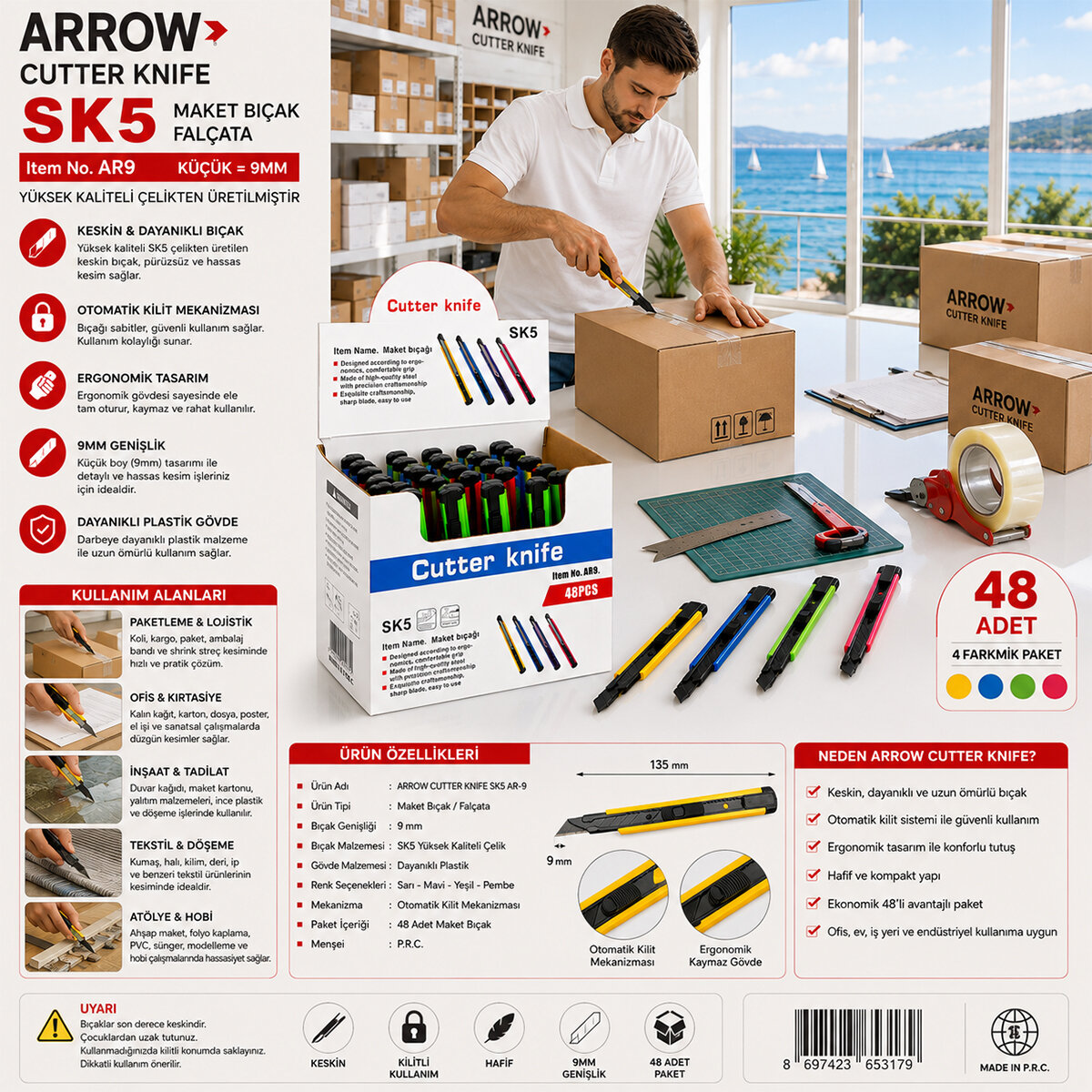 ARROW CUTTER KNİFE SK5 AR-9 ( KÜÇÜK=9MM ) ( PLASTİK ) FALÇATA MAKET BIÇAK*48X6