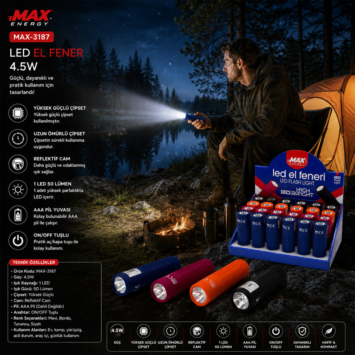 ZMAX ENERGY MAX-3187 ( RENKLİ & SİLİKON KAPLAMA ) ( 4.5W ) EL FENER ( PİLLİ )*24X10 ZMAX ENERGY MAX-3187 ( RENKLİ & SİLİKON KAPLAMA ) ( 4.5W ) EL FENER ( PİLLİ )*24X10