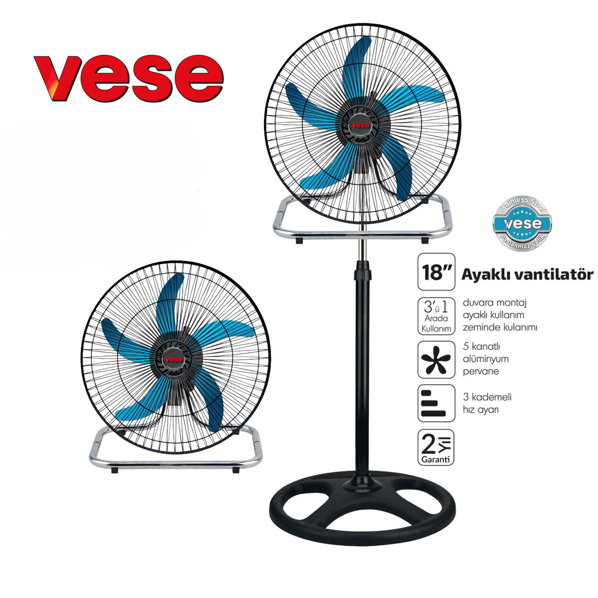 VESE VNT-003 ( 18" İNÇ ) ( 46CM ) ( SANAYİ ) TİPİ AYAKLI VANTİLATÖR ( 3 KADEME HIZ & 5 METAL KANAT ) ( 80W ) FAN*3=K
